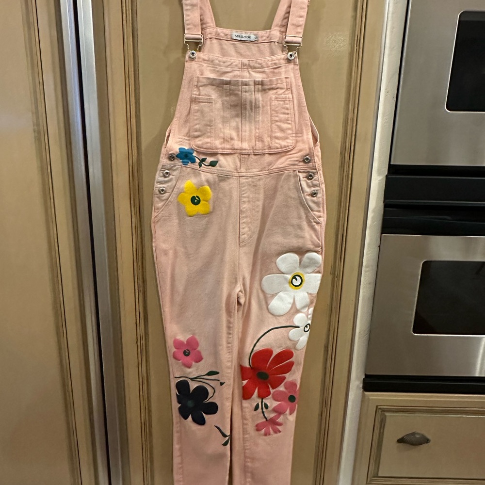 MISSLOOK Pink Overalls with Floral Accents. Brand new never worn